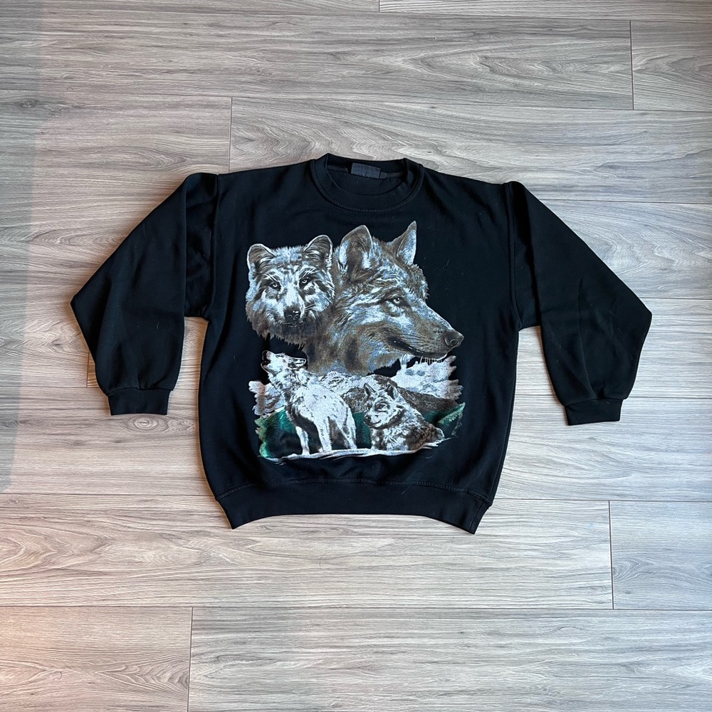 Black Wolf Print Men's Crewneck